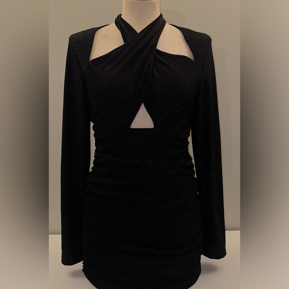 Tie Neck Black SHEIN Ruched Dress